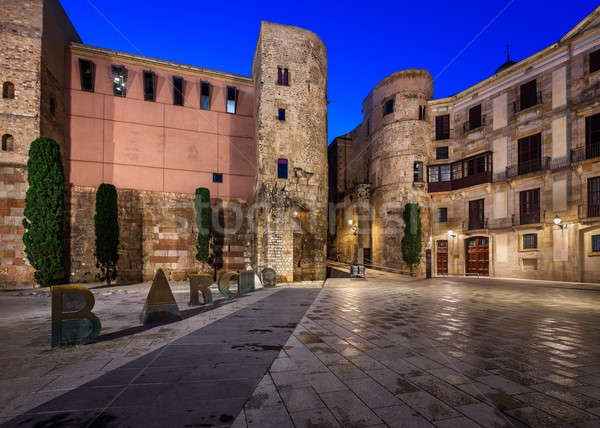 Stock photo: Ancient Roman Gate and Placa Nova in the Morning, Barcelona, Cat