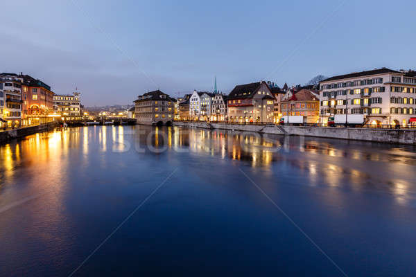 Illuminated Cityhall and Limmat River Bank in the Evening, Zuric Stock photo © anshar