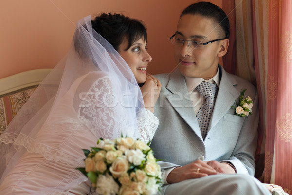 The bride and groom in their room before the wedding Stock photo © Antartis