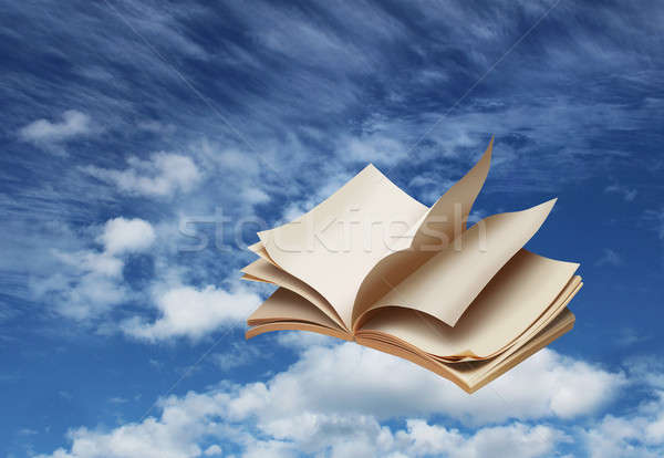 Carte deschisă care zboară Blue Sky fantezie cer educaţie Imagine de stoc © Anterovium