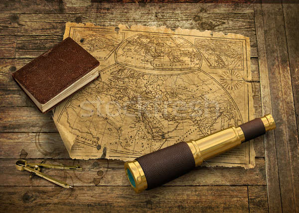 Old world map with telescope Stock photo © Anterovium