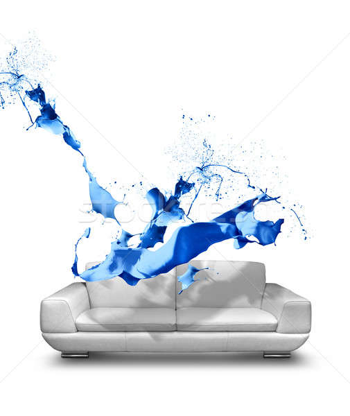Kék festék csobbanás fehér bőr kanapé Stock fotó © Anterovium