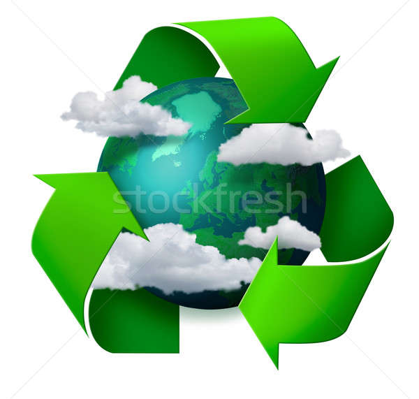 Foto d'archivio: Il · cambiamento · climatico · riciclaggio · pianeta · terra · nubi · simbolo · frecce