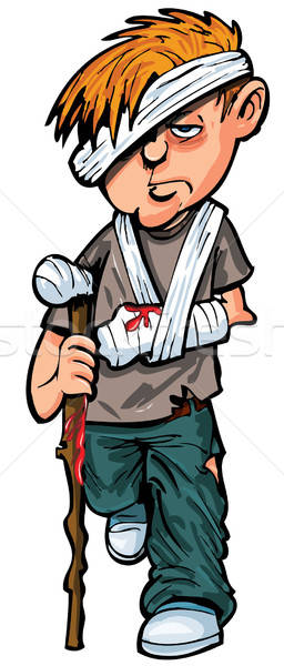 Cartoon injured white man with walking stick and bandages vector