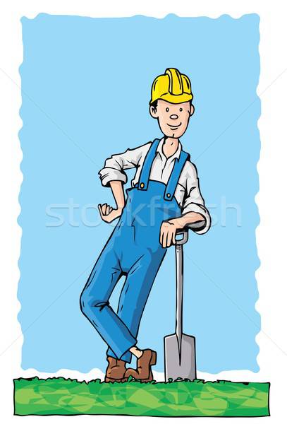 [[stock_photo]]: Cartoon · travailleur · bêche · domaine · herbe · beauté