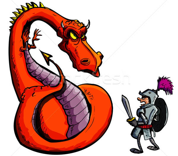 Cartoon of a knight facing a fierce dragon Stock photo © antonbrand