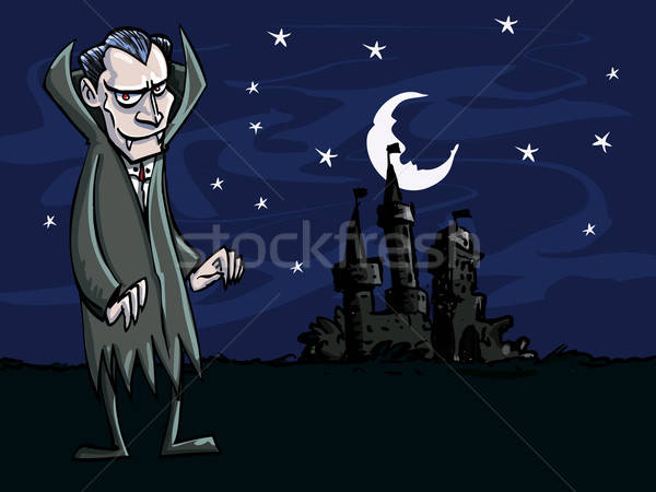 Stock photo: Cartoon of vampire in front of a creepry castle