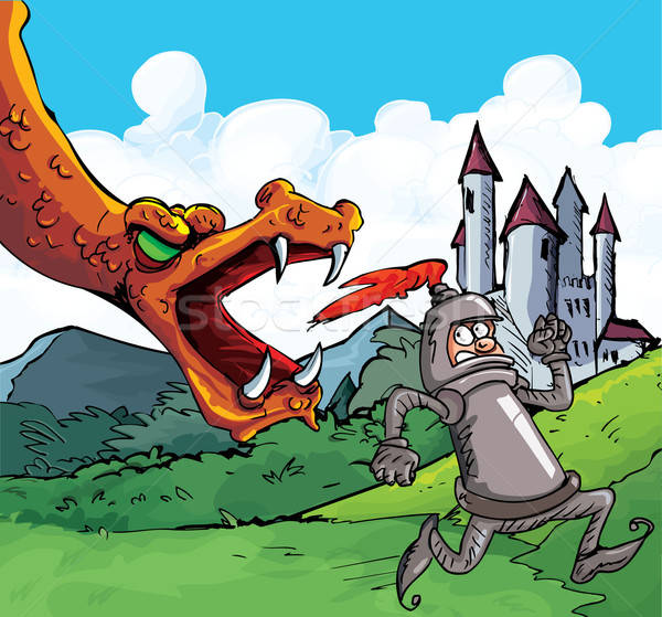 Cartoon of a knight running from a fierce dragon Stock photo © antonbrand