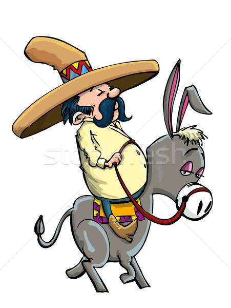 Cartoon Mexican wearing a sombrero riding a donkey Stock photo © antonbrand
