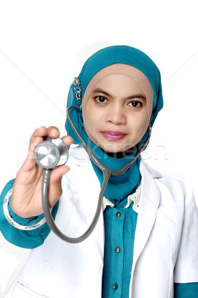 ázsiai fiatal nő orvos tart sztetoszkóp fehér Stock fotó © antonihalim
