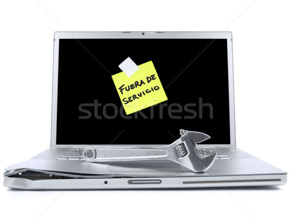 Foto stock: Laptop · nota · pegajosa · ferramenta · espanhol · significado