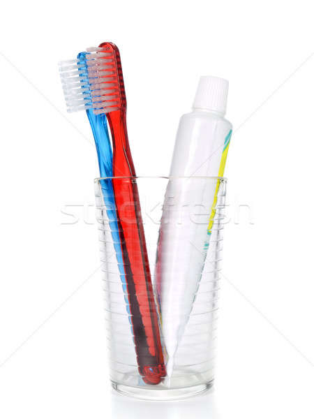 Stock foto: Zahnbürste · Zahnpasta · zwei · Rohr · Glas · weiß
