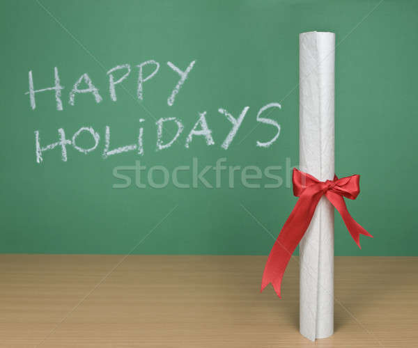 Stockfoto: Gelukkig · vakantie · geschreven · schoolbord · diploma · business