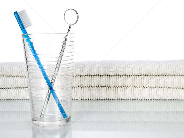 Orale outils bleu brosse à dents bouche miroir Photo stock © antonprado