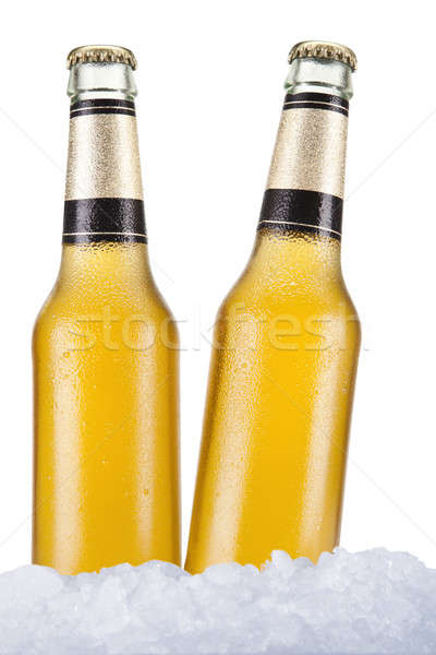 Foto stock: Dois · cerveja · garrafas · sessão · gelo · branco