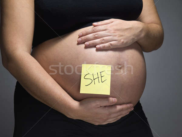 Dziewczyna kobieta w ciąży karteczkę powiedzenie ręce ciąży Zdjęcia stock © antonprado