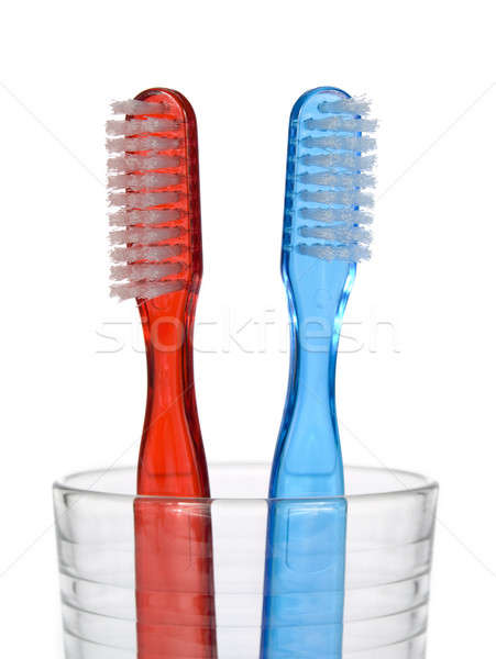 Сток-фото: зубная · щетка · два · стекла · белый · синий · ванную