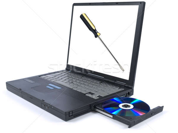 商業照片: 技術支持 · 孤立 · 黑色 · 筆記本電腦 · 托盤 · 螺絲刀