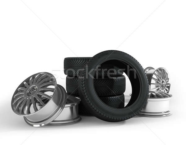 [[stock_photo]]: Pneus · roues · blanche · élevé · qualité · rendu · 3d