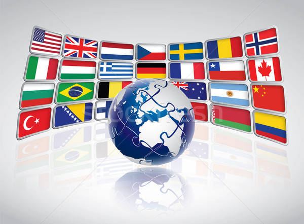 Puzzle world concept with national flags on screen Stock photo © archymeder