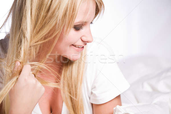 美しい ブロンド 白人 女性 ベッド ファッション ストックフォト © aremafoto