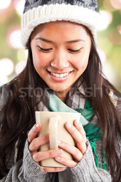 Foto d'archivio: Bella · asian · donna · bere · caffè · shot