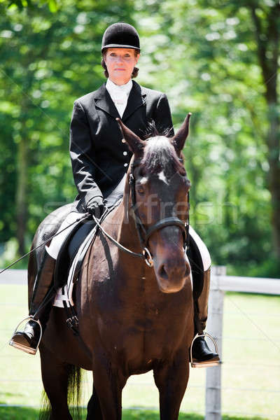 Paardrijden senior vrouw kaukasisch paardrijden paard Stockfoto © aremafoto