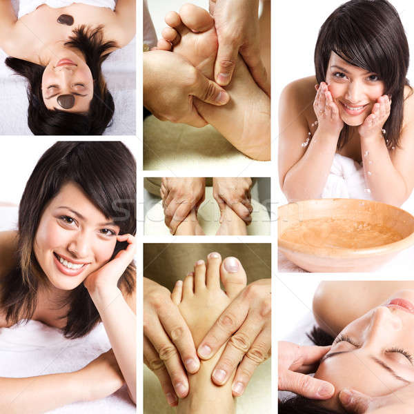 Massage Collage schöne Mädchen Spa-Behandlung Gesicht Stock foto © aremafoto