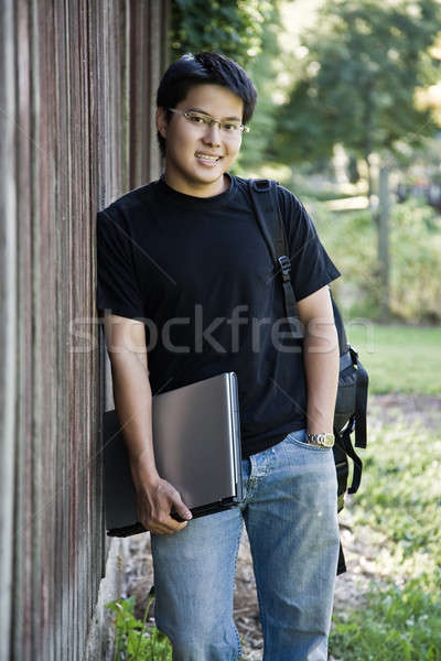 Boldog ázsiai diák hordoz laptop hátizsák Stock fotó © aremafoto