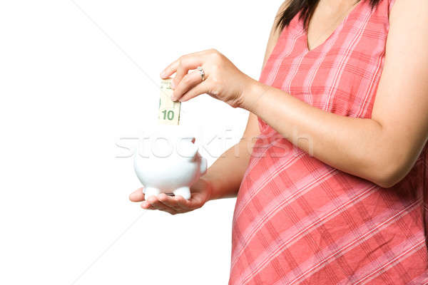 Enceintes argent femme enceinte tirelire main heureux [[stock_photo]] © aremafoto