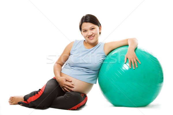 Foto d'archivio: Donna · incinta · shot · bella · esercizio · palla · sport