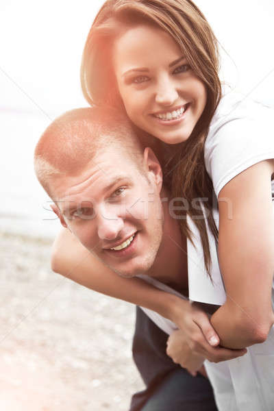 Fericit caucazian cuplu frumos dragoste plajă Imagine de stoc © aremafoto