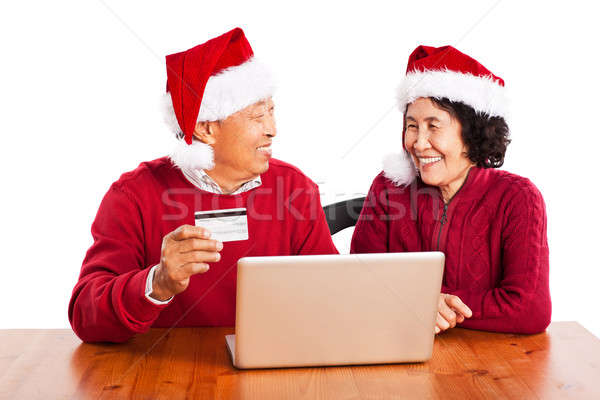 Stockfoto: Senior · asian · paar · winkelen · online · vieren