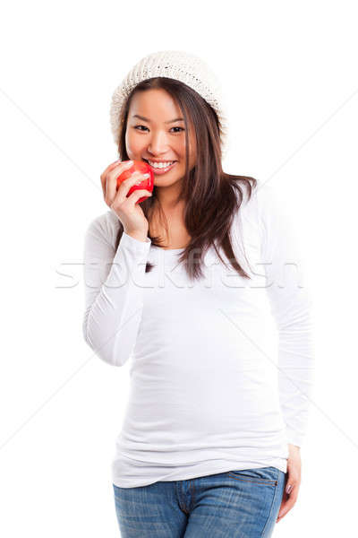 Сток-фото: еды · яблоко · изолированный · выстрел · азиатских · девушки