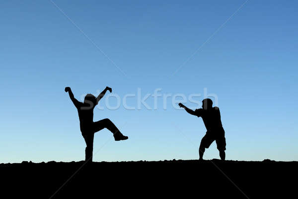 Arts martiaux deux hommes haut montagne silhouette [[stock_photo]] © aremafoto