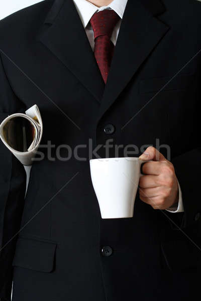 Stockfoto: Zakenman · krant · beker · koffie · werk · drinken