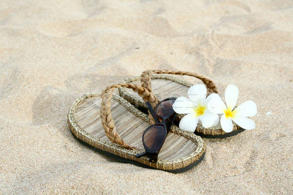 Strand Urlaub Paar Sandalen Sonnenbrillen Blumen Stock foto © aremafoto