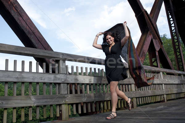 Beztroski uruchomiony wietrzyk brunetka kobieta most Zdjęcia stock © ArenaCreative