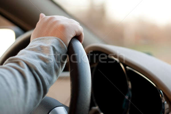 Stock foto: Fahren · Auto · Frau · halten · Lenkrad · ein