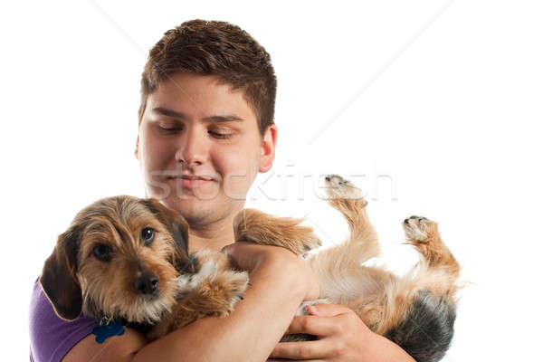 Stockfoto: Man · hond · hoog · sleutel · portret