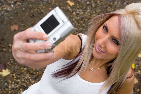 Stockfoto: Digitale · camera · leuk · jonge · vrouw · foto's · gelukkig