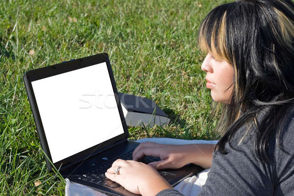 Foto stock: Estudante · usando · laptop · jovem · computador · grama