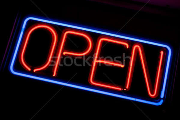 Neon nyitva tábla izzó piros ablak étterem Stock fotó © ArenaCreative