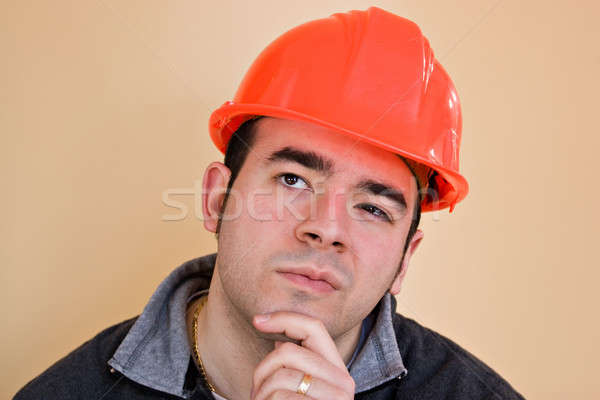 Stockfoto: Werknemer · jonge · bouw · werken · peinzend · kijken