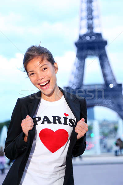 Foto stock: París · Eiffel · Tower · mujer · feliz · excitado · Francia