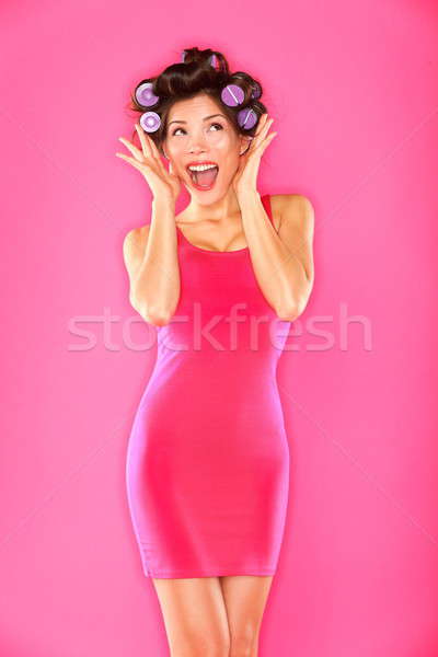 Podniecony funny piękna kobieta różowy gotowy Zdjęcia stock © Ariwasabi