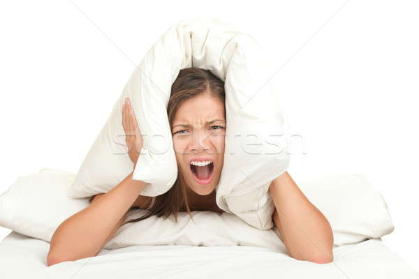Bed kobieta hałasu funny kłosie poduszkę Zdjęcia stock © Ariwasabi