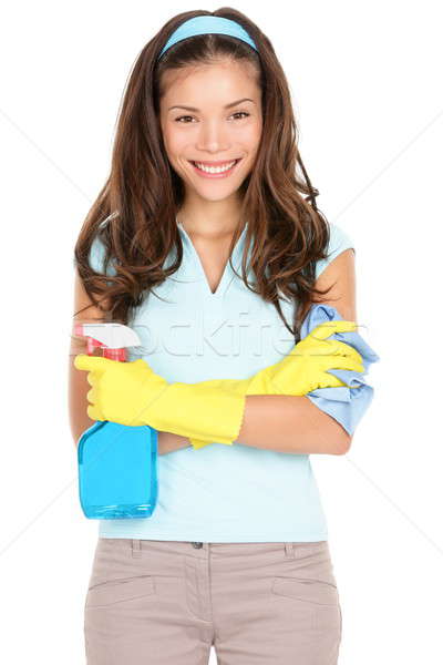 Voorjaarsschoonmaak vrouw klaar glimlachend rubberen handschoenen reinigingsproducten Stockfoto © Ariwasabi