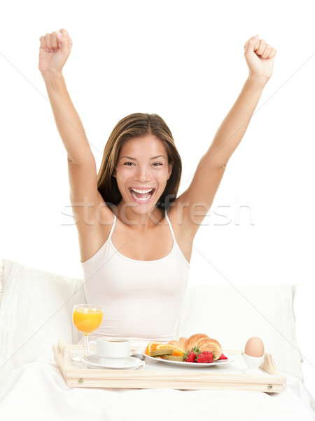 Stock foto: Glücklich · Morgen · Frühstück · Frau · Frau · lächelnd · Essen