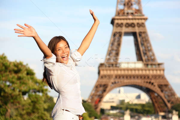 Stockfoto: Reizen · Parijs · Eiffeltoren · vrouw · gelukkig · toeristische